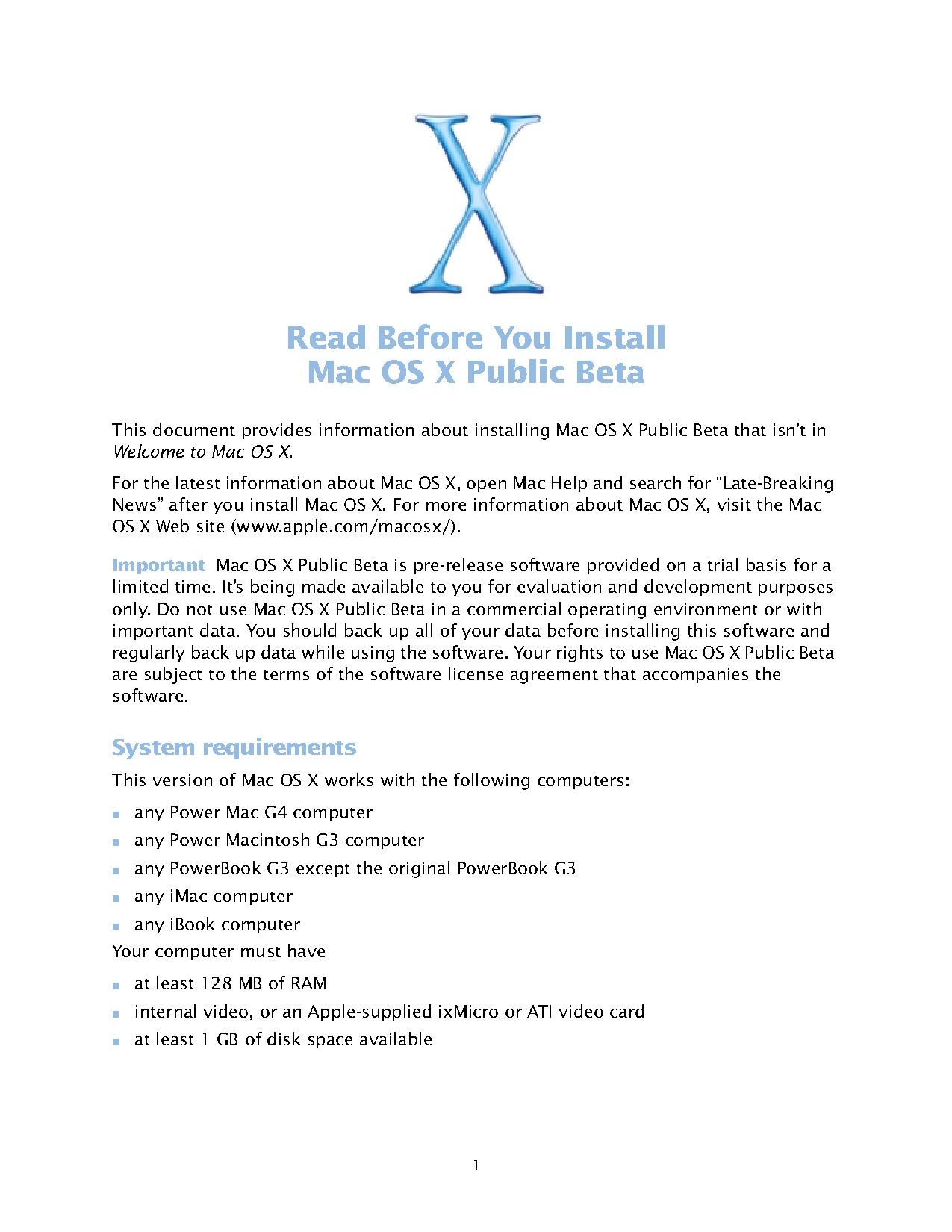 Read Before You Install Mac OS X Public Beta